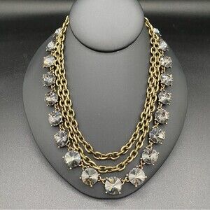 Unique Grey Glass Rhinestone 3 Chain Statement Necklace